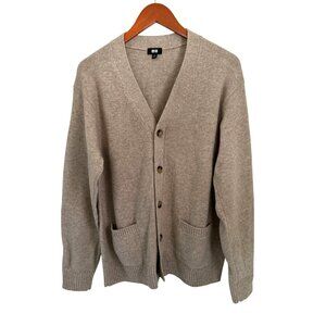 UNIQLO Premium Lambswool V-Neck Cardigan Beige Knit Pockets Size Med